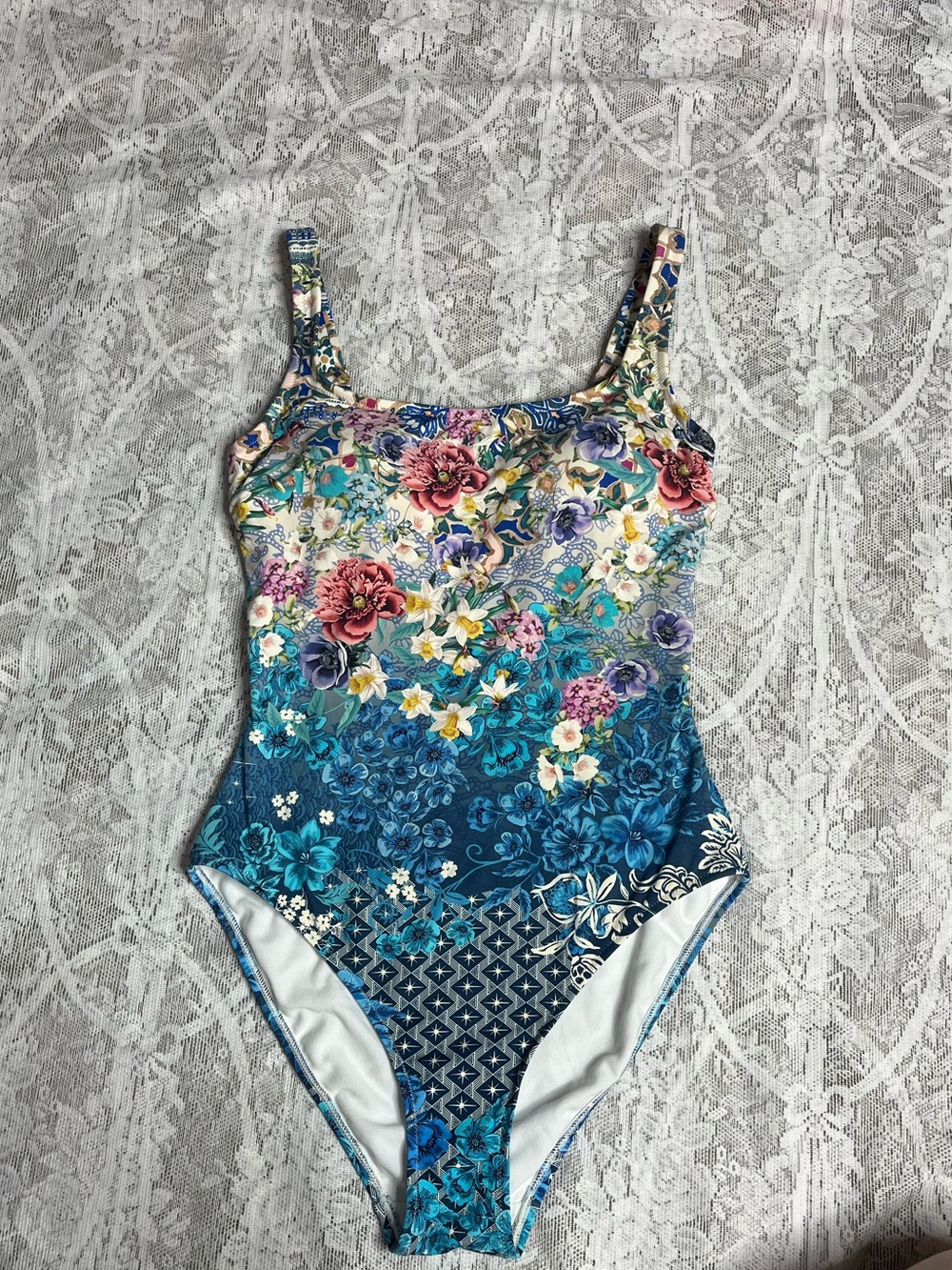 Johnny Was Dawn tank one-piece swimsuit vibrant blue floral print size S